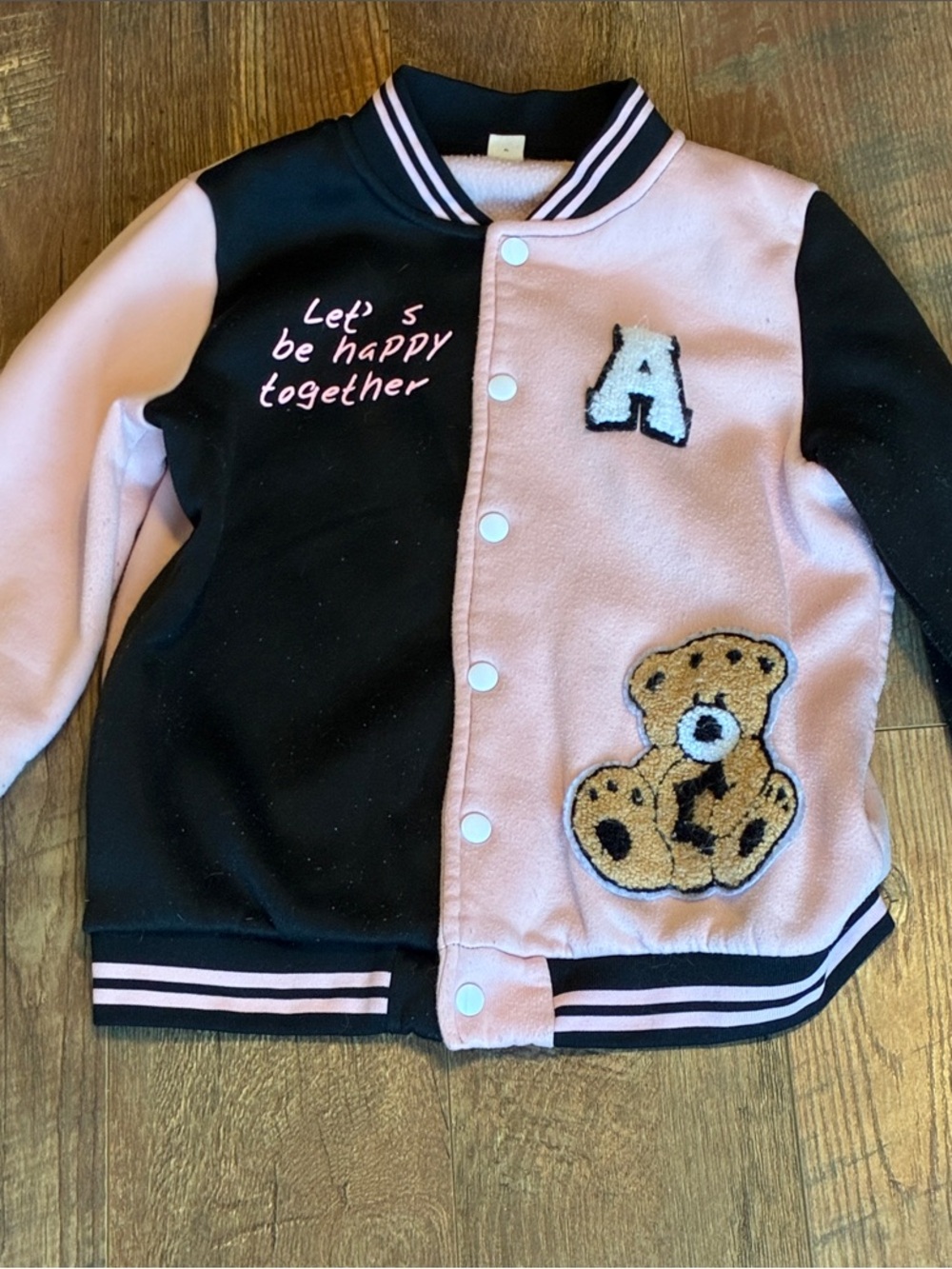 SHEIN Dual Black and Baby Pink Teddy Bear Varsity Button up Jacket